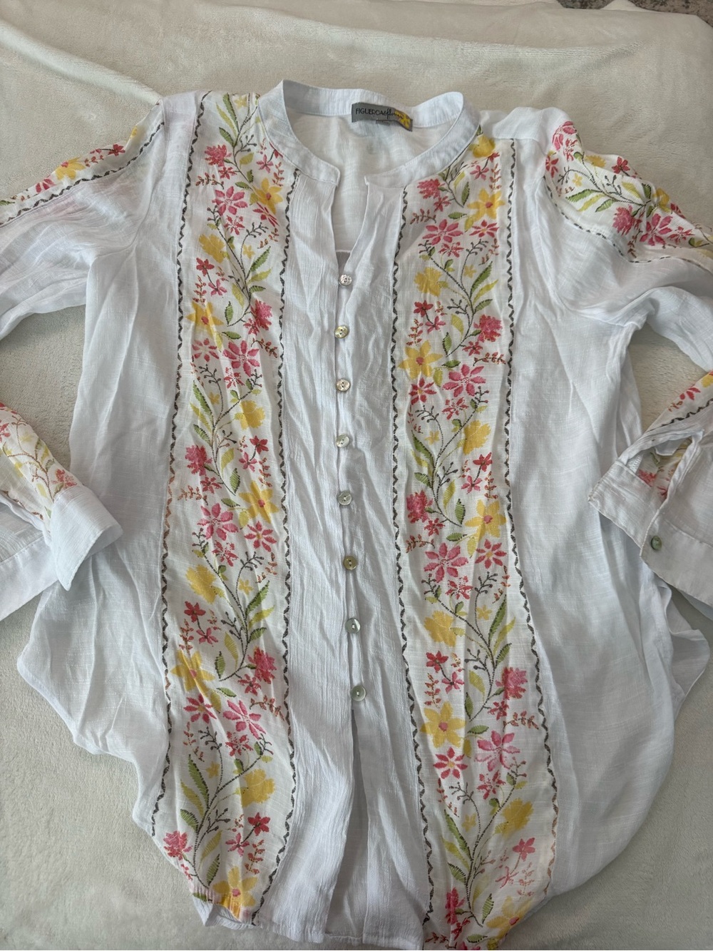 Figueroa & Flower Floral White Blouse Shirt Womens L Roll Tab Cottage D83